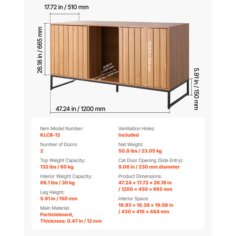 Meuble pour litière, meuble de rangement dissimulé de 120 cm avec griffoir et espace de rangement, table d'appoint étanche pour chat, compatible avec la plupart des bacs à litière