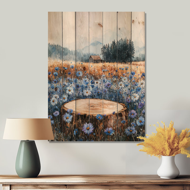 Cornflowers Garden At The Barn On Slide II - Décoration murale en bois de bleuet sur bois de pin naturel