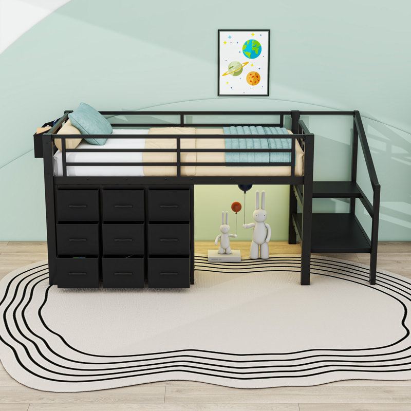Lit mezzanine bas 9 tiroirs avec escalier de rangement et éclairage intégré, Black