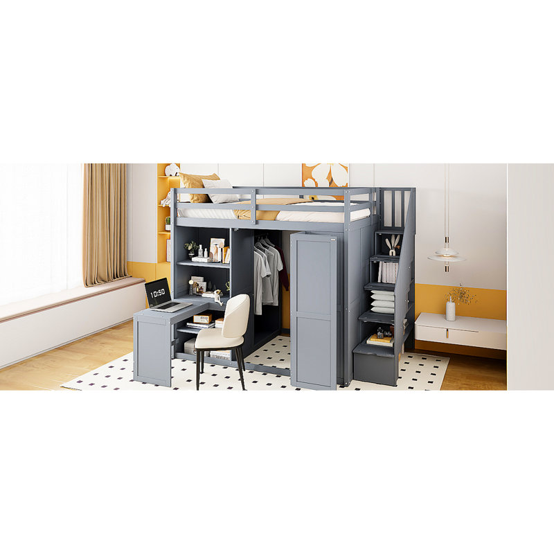 Lit mezzanine pleine grandeur avec garde-robe et bureau en gris, trois tablettes pliables pour un rangement soigné dans la chambre à coucher, créant une étagère grise élégante, bureau intégré, complémentaire aux chambres modernes