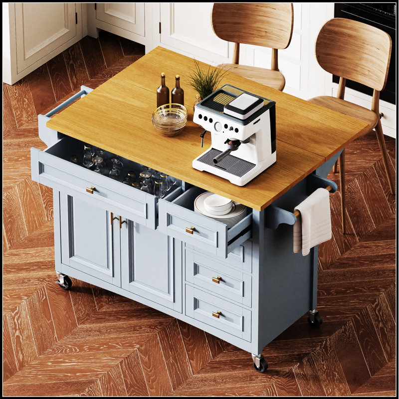 Îlot de cuisine de style rétro de 52 pouces avec abattant, support à épices et plusieurs options de rangement sur roulettes pour une fonctionnalité améliorée