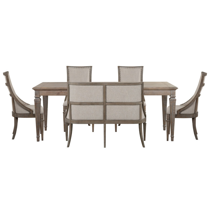 Extendable Rectangular Dining Table With 4 Arm Chairs And Upholstered Bench, 6 Pcs: Table, 4 Chairs, Bench