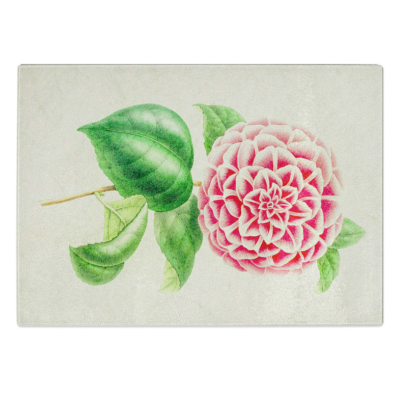 Tempered Glass Camellia Flower Illustration Chopping Board, 39 cm W x 28.5 cm L