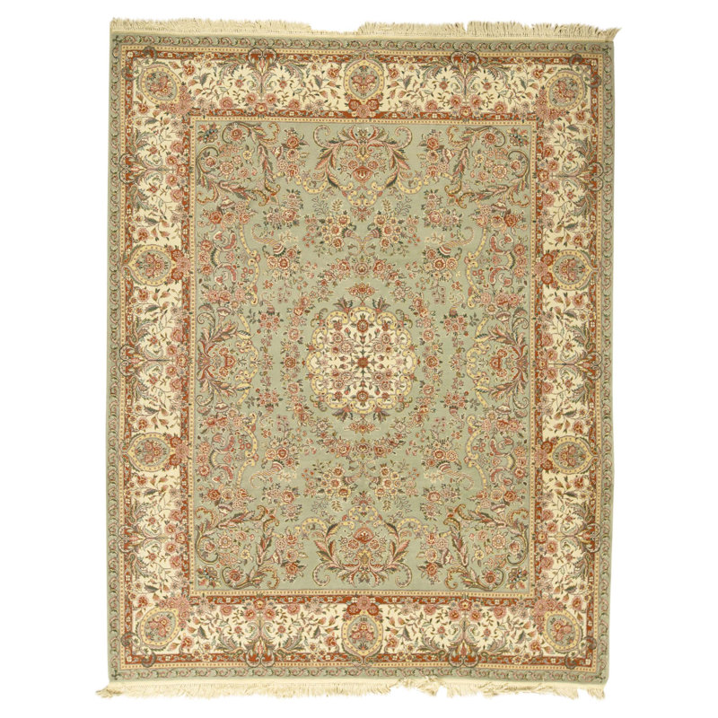 Hand Knotted Wool Oriental Area Rug in Green And Cream