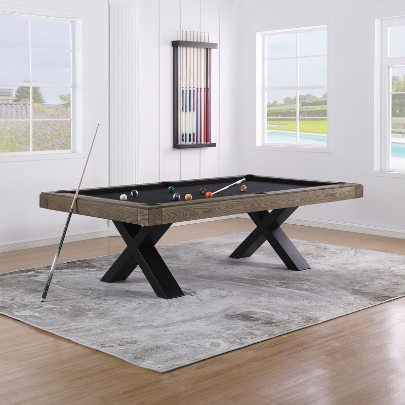 Table de billard en ardoise 8 pi Texas II avec pieds en acier, Noir, Distressing Vintage Ash
