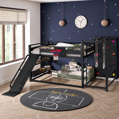 Lit mezzanine en métal AVELOR pour enfants avec glissade, mur d'escalade, panier de basketball, anneaux de gymnastique et tablettes intégrées