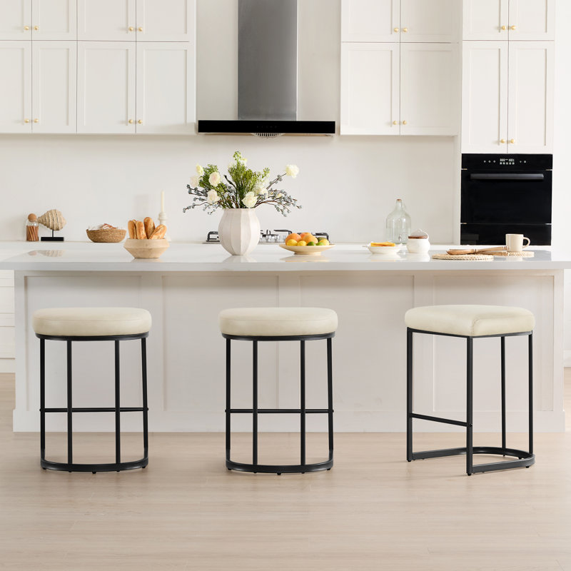 Upholstered Counter Stool with Metal Frame, Beige