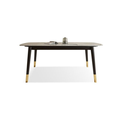 Black + Gold Rectangular Sintered Stone + Solid Wood Dining Table