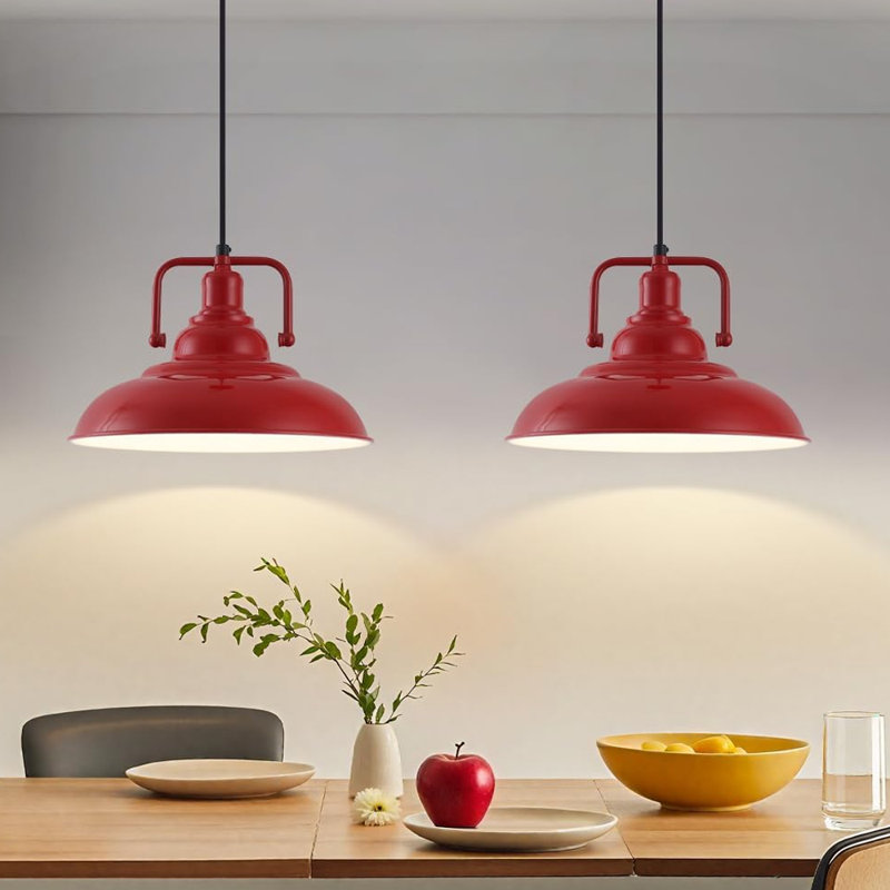 Red Pendant Lights Kitchen Island 12.2 Inch, 2 Pack Industrial Pendant Light Fixtures Adjustable Height, Farmhouse Ceiling Hanging Light for Dining Room Cafe Bar