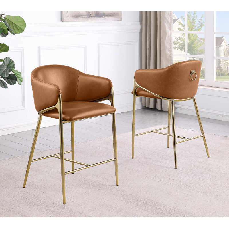 Chaises Leathaire à hauteur comptoir avec base en chrome poli, Siège caramel / cadre doré