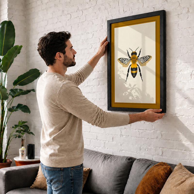Detailed Bee Study Botanical - Framed Print, A2 - 59.4 x 42.0 cm, Walnut