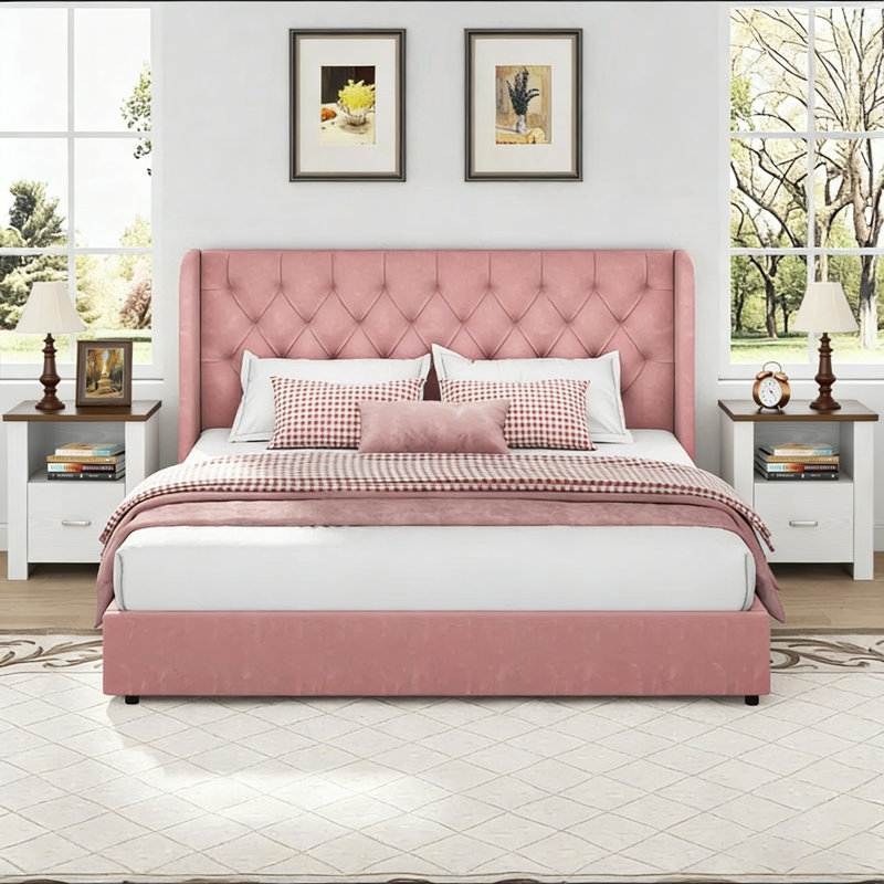 Ensemble de chambre à coucher avec lit à oreilles en velours et 2 tables de chevet à oreilles, Rose, Très grand lit