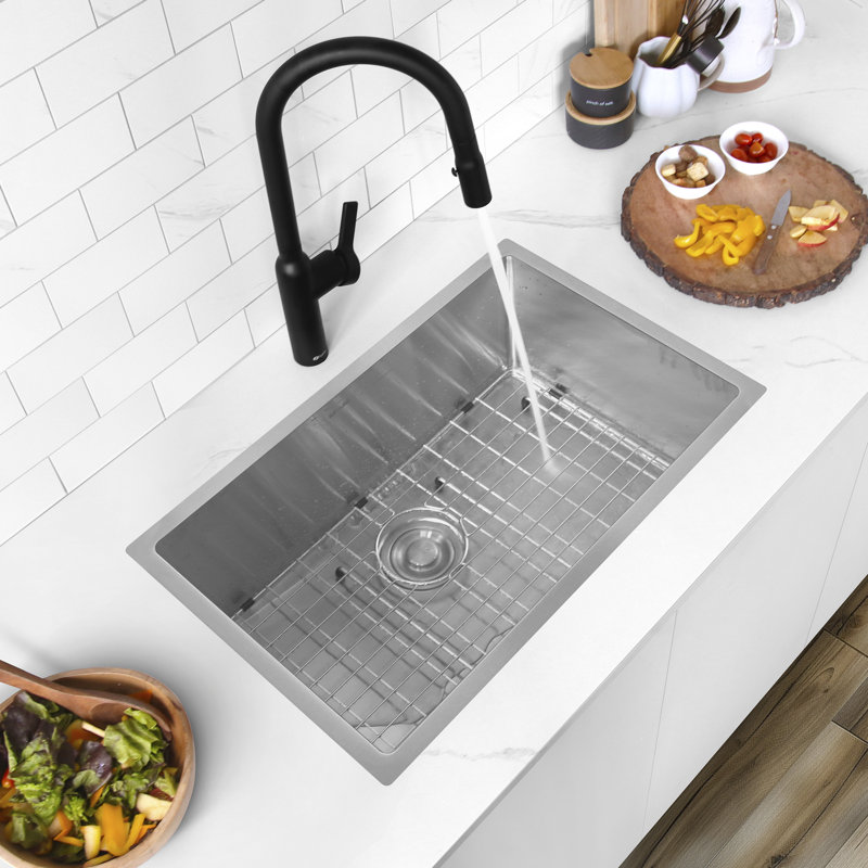 Stylish Dual Mount 28" Single Bowl Stainless Steel Kitchen Sink with Grid and Strainer