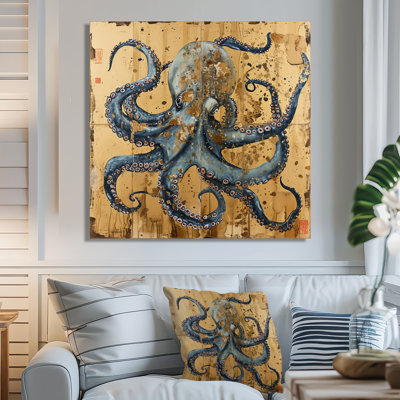 Blue Octopus Asian Vintage Gold - Octopus/Squid Animal Wall Art Decor