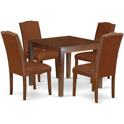 Ensemble de table de salle à manger 5 pièces moderne comprenant une table carrée en bois et 4 chaises en similicuir brun, acajou