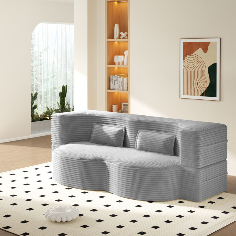 Evren Boneless Modern Minimalist Compression Convertible Floor Sofa Bed with Pillows, Corduroy Light Gray