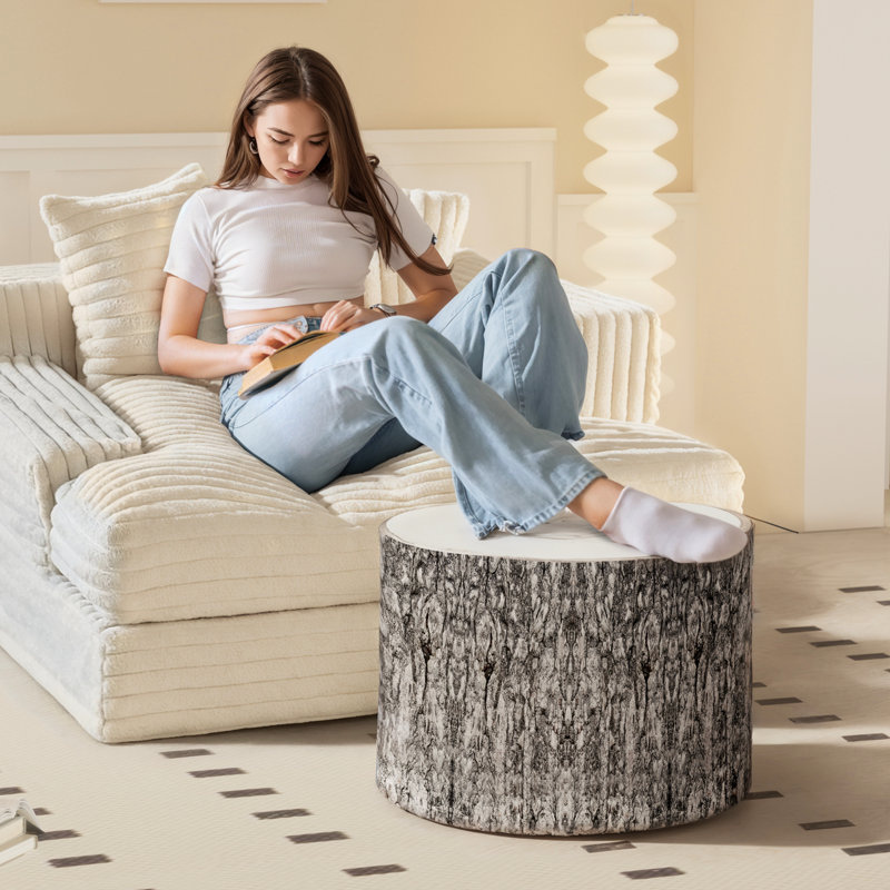 Round Wood Log Pouf Footrest, Grey