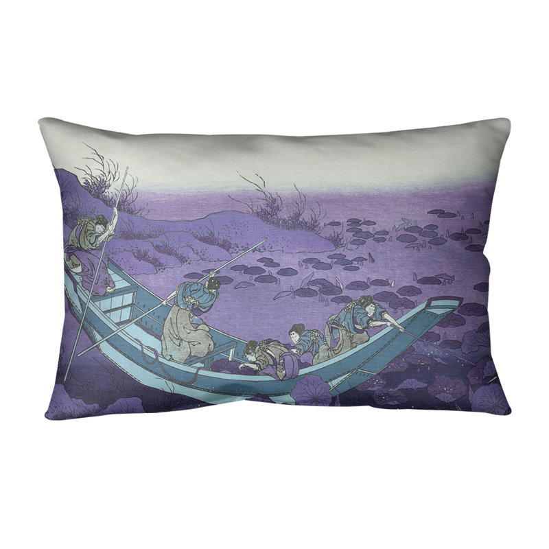 Coussin lombaire katsushika hokusai, bateau entre les lilys, Mauve / bleu