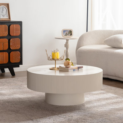 31.5"  Modern Round Coffee Table With Solid Wood Groove Design For Living Room