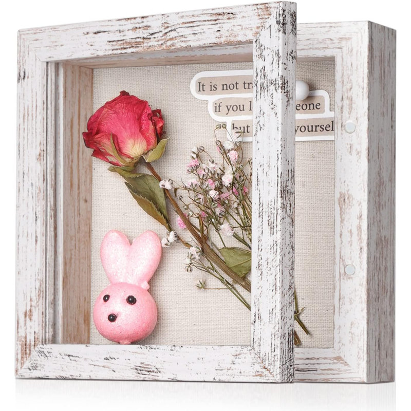 5X5 Small Shadow Box Frame With Linen Back - Sturdy Rustic Memory Display Case Of Flower, Pictures, Medals And More, White