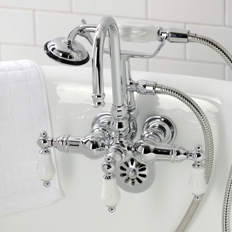 Kingston Brass Vintage Three-Handle 2-Hole Tub Wall Mount Clawfoot Tub Faucet with Hand Shower, Polished Chrome