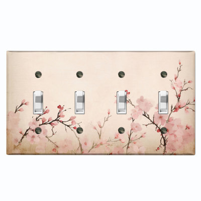 Metal Light Switch Plate Outlet Cover (Pink Sakura Flower White - Quadruple Toggle)