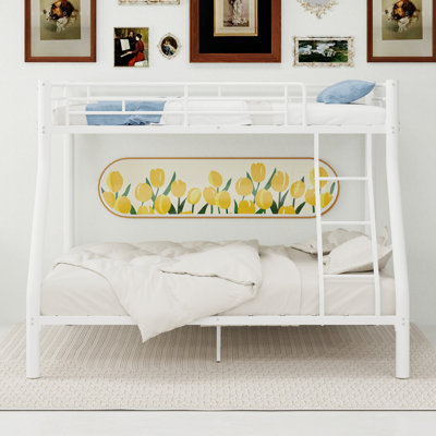 Twin Over Double Metal Bunk Bed Upper Single Lower Double Iron 1-Piece Bunk Bed White - With 360-Degree Guardrails and Ladder