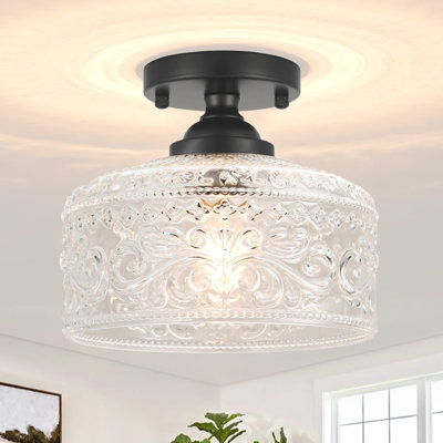 Small Semi Flush Mount Ceiling Light Fixture, Vintage Matte Black Close to Ceiling Lighting with Etched Glass Shade (Retro Design)