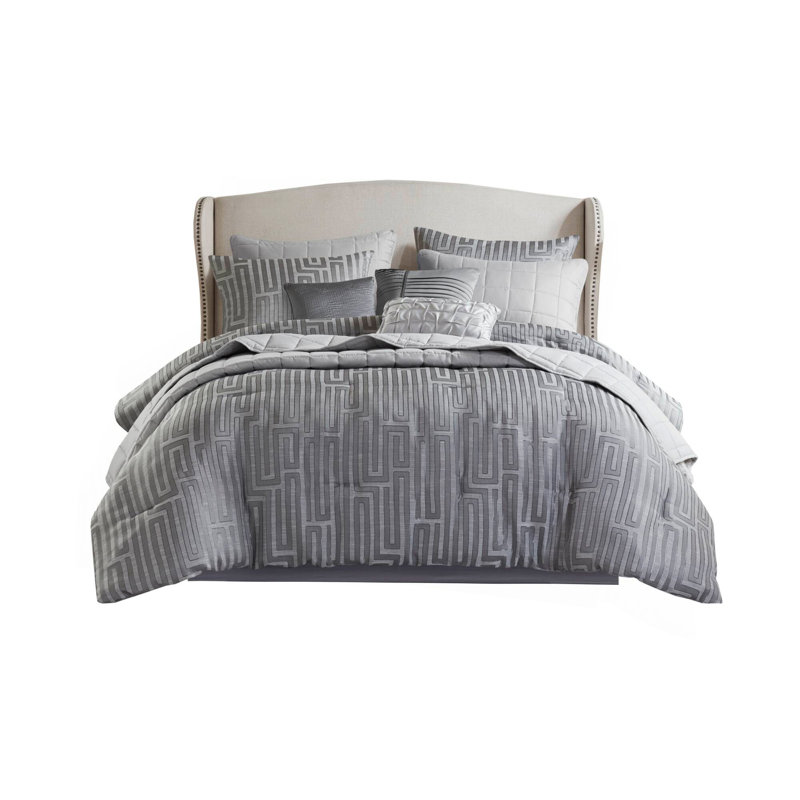 10 PCS King Luxury Jacquard Comforter Set Grey, Gray Geometric, King Comforter + 9 Additional Pieces