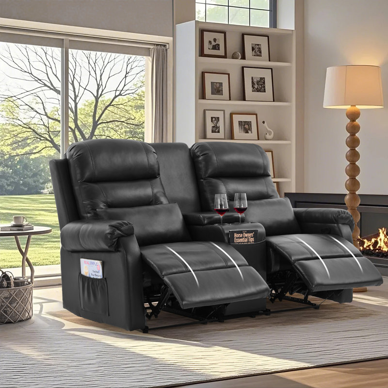 65.7" Modern Manual Reclining Loveseat Sofa With Storage Console And Cup Holders, Black