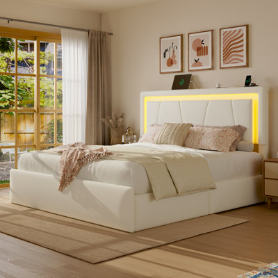 Full Modern Hydraulic Lift Bed with Spacious Storage Space, Adjustable Headboard, Charging Station, RGB LED Lights, Easy to Assemble, White