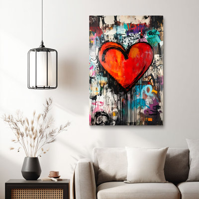 «Urban Vibrant Red Heart Graffiti», art mural tendu sur toile graffiti pour studio éclectique Urban