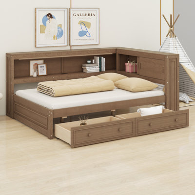 Lit de jour fonctionnel en bois avec tablettes de rangement, 2 tiroirs, éclairage USB et DEL