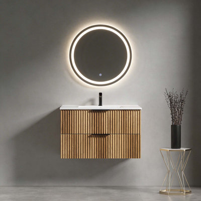 Wall-Mounted Bathroom Vanity With 3D Fluted Panel & Ceramic Integrated Sink