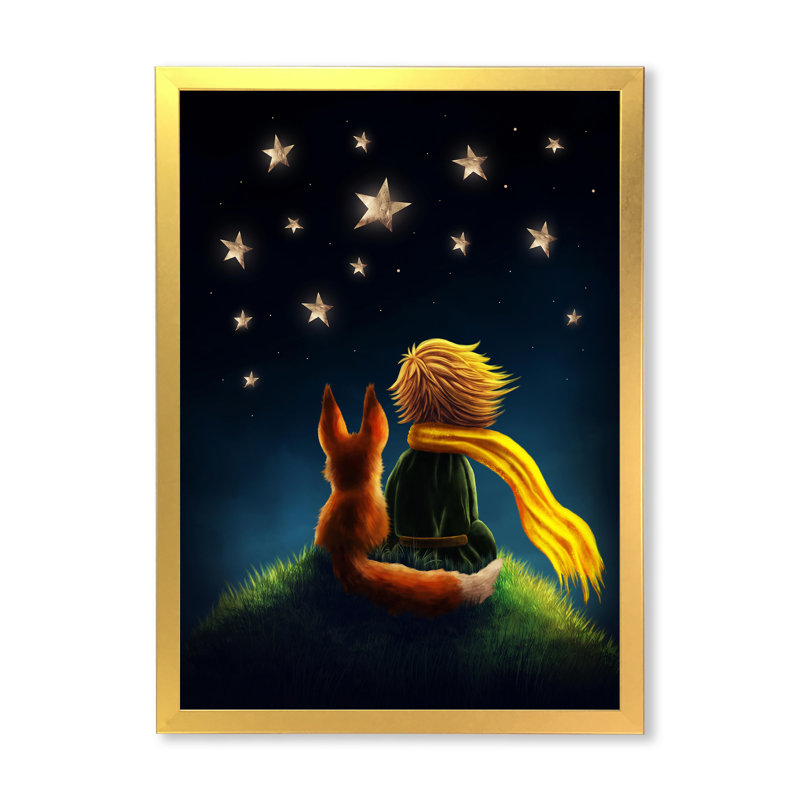 Petit garçon avec renard, Le Petit Prince, impression sur toile, H 21,5 po x l 13,5 po, Cadre doré