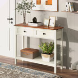 Farmhouse Style Console Table With 2 Drawer And Bottom Storage Shelf For Entryway, Rustic Side Table With Storage Drawer And Shelf For Living Room, Hallway