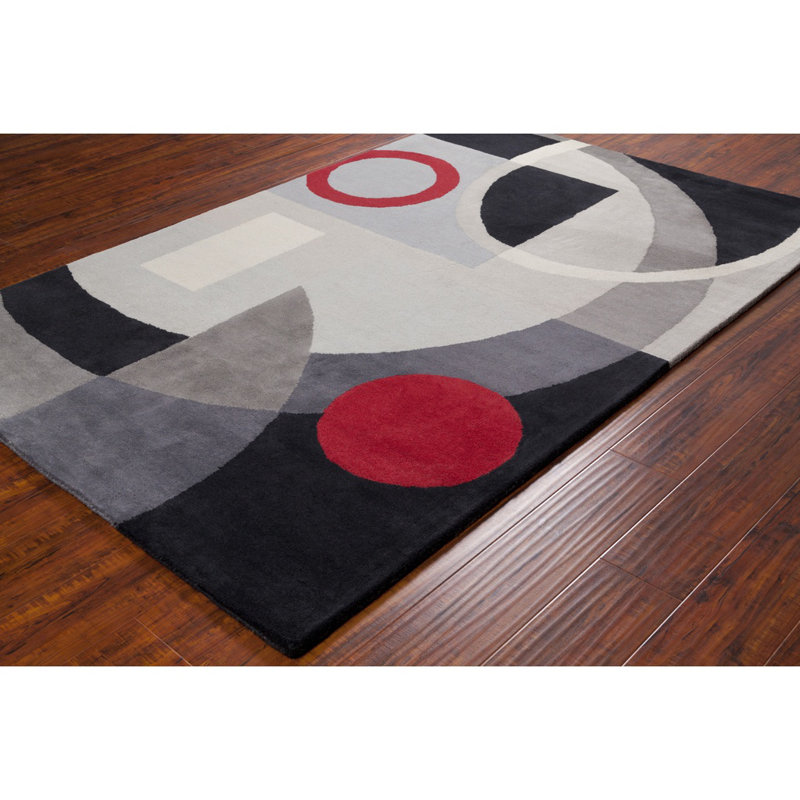 Willa Authentic Hand-Tufted Handmade Black, Grey & Red Modern Abstract Geometric Wool Area Rug