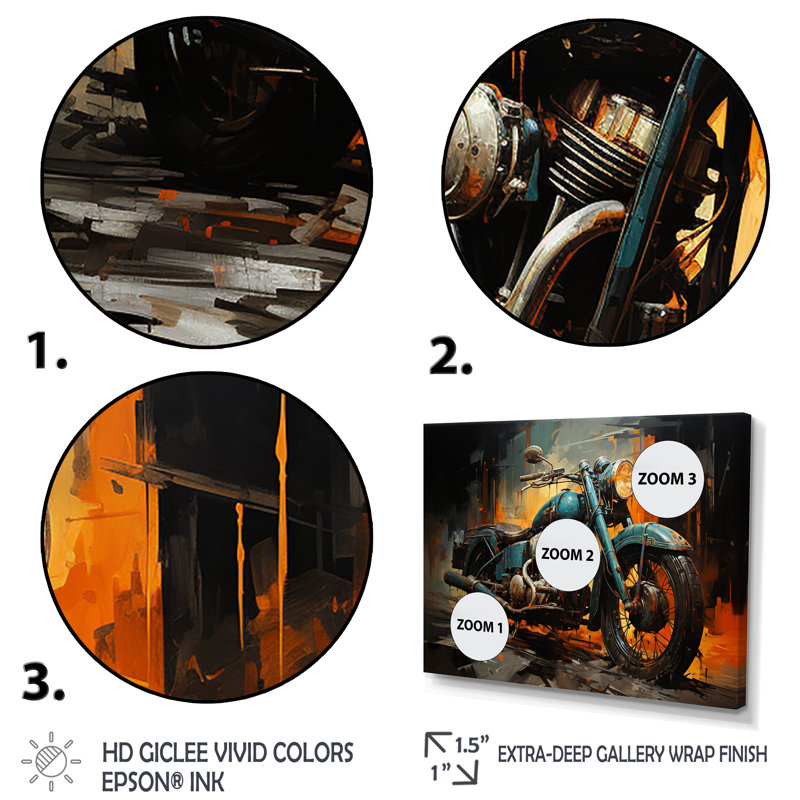 Motocyclette II jaune et noir - art mural moto, Cadre flottant doré, H 16 po x l 32 po x P 1 po