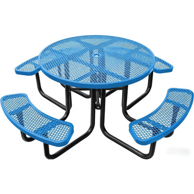 46" Round Heavy Duty Metal Outdoor Picnic Table with Umbrella Hole, Coated Steel Commercial Grade, Weather & Rust Resistant, Blue