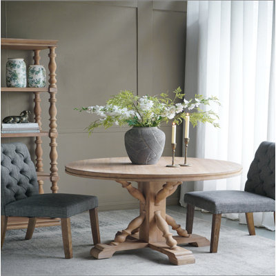 Table de salle à manger ronde 42 po x 32 po, table de cuisine en bois naturel avec base balustre sculptée, style campagnard / rustique / campagne française