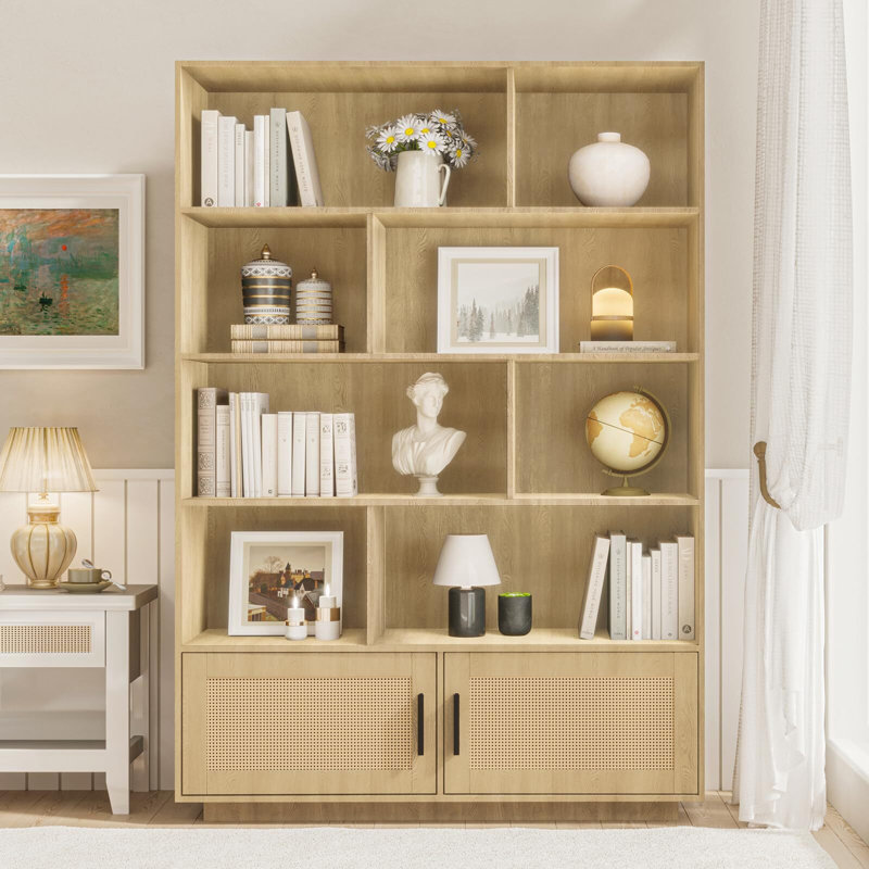 5 Tier Bookshelf, Boho Bookcase With Rattan Doors