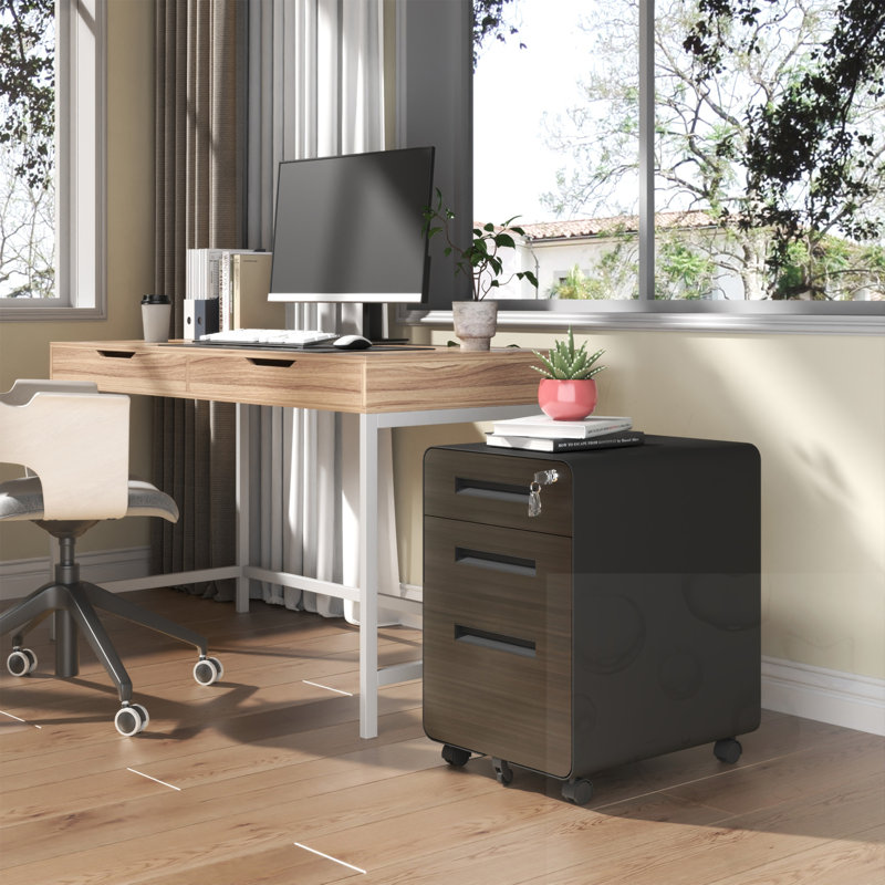 3-Drawer Mobile File Cabinet With Lock And Casters, Black