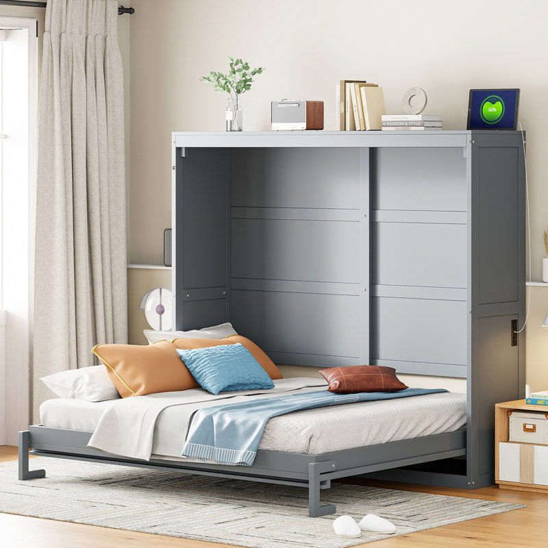 Lit double mural gris, confortable et peu encombrant