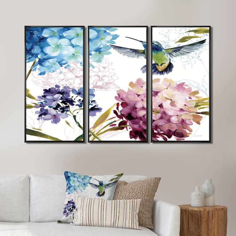 Humming Bird Blue Cottage Flower - ensemble d'art mural sur toile encadré maison de campagne