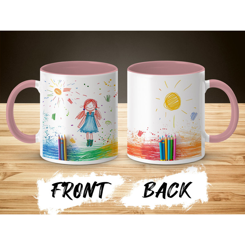 Kids Drawing Style 11oz Accent Mugs – Ceramic Coffee Cup with a Pink Handle and Interior