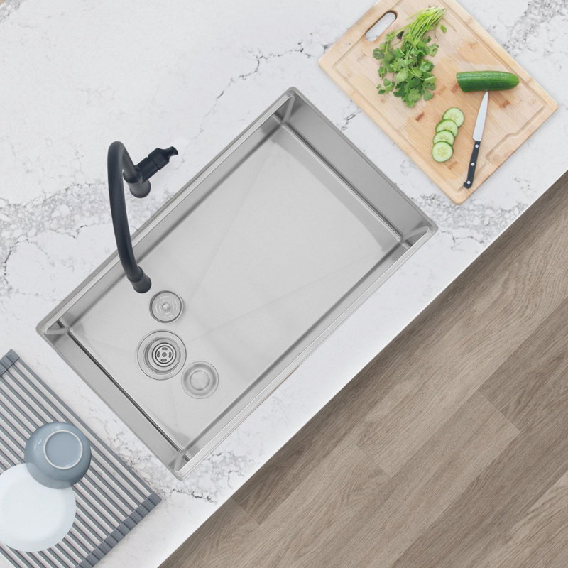 Évier de cuisine encastré sous plan, 76 cm x 48 cm, en acier inoxydable brossé de calibre 16, avec accessoires intégrés