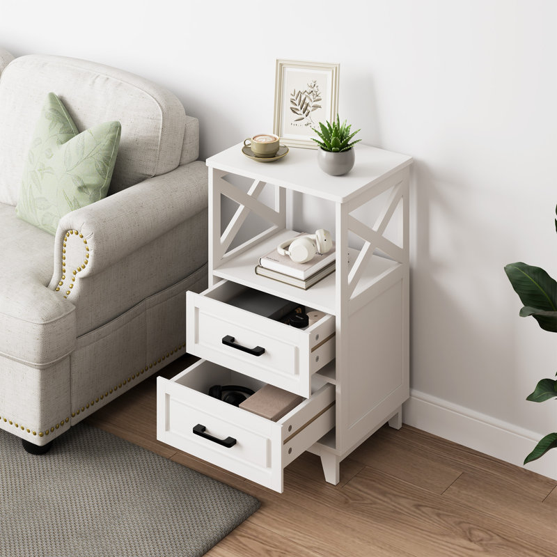 30" Tall Nightstand Modern Painted Wood Bedside Table With 2 Drawers And Open Shelf, White