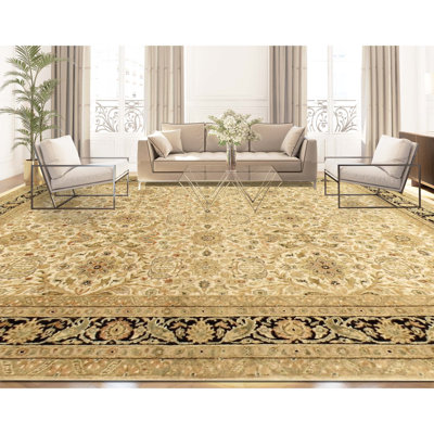 Tapis ivoire et noir noué à la main de haute qualité