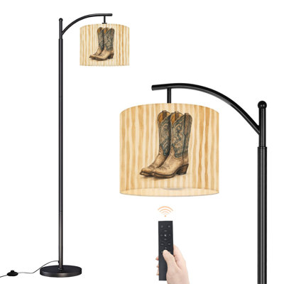Dimmable LED Arc Standing Floor Lamp Rustic Cowboy Boots Blue Embroidery Beige Striped, Height Adjustable Lamp Shade with Remote Controller, for Living Room Bedroom Office