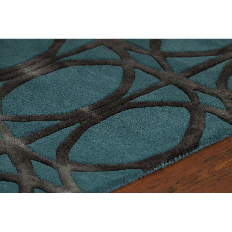 Sophisticated Black Geometric Tufted Wool Rug 5' x 7'